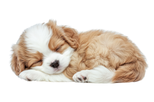 A sweet mixed breed puppy curled up in a cozy position, with its head resting on its paws. The puppy's coat features soft, fluffy fur in shades of cream and brown. Its eyes are closed