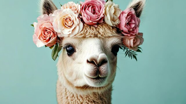 A gentle alpaca with a floral crown of pastel pink roses digital pic