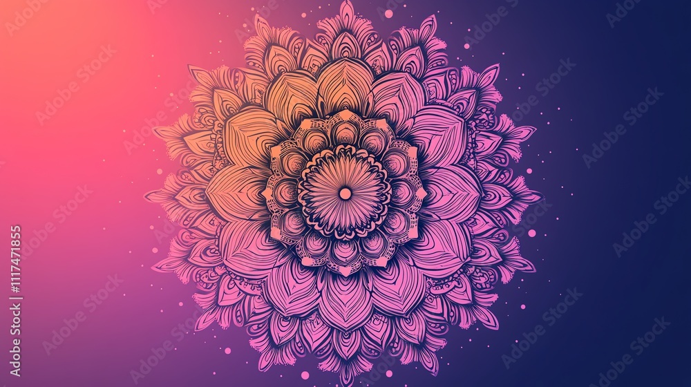 Poster intricate mandala design with floral elements in gradient colors.