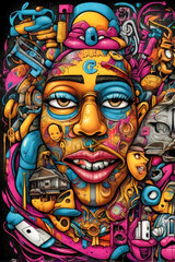 Complex and rich composition in graffiti style, combining bright colors, diverse images and elements of urban culture. Street art, contemporary artwork.