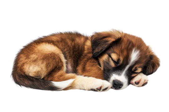A sweet mixed breed puppy curled up in a cozy position, with its head resting on its paws. The puppy's coat features soft, fluffy fur in shades of cream and brown. Its eyes are closed
