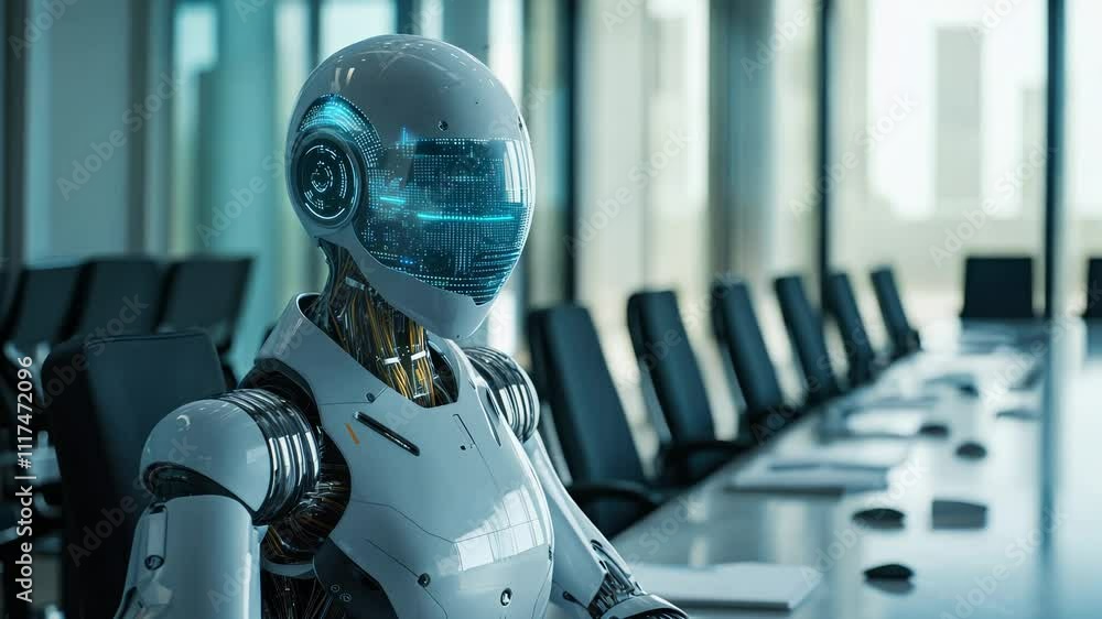 Poster futuristic ai robot in modern office setting demonstrating technology and innovation