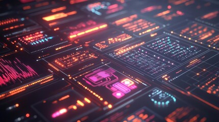 Obraz premium A digital interface displaying vibrant data visualizations and metrics.