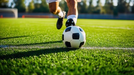 Soccer Player Kicking Ball on Grass Field