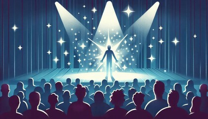 Person experiencing stage fright in spotlight under starry theater background