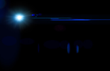 Lens flare glow light effect on black. image of rays blue light effects, overlays or flare isolated on black background for design. abstract lens flare light over black background