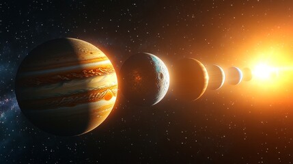 Sun rays illuminate gas giants in a celestial dance within the cosmos