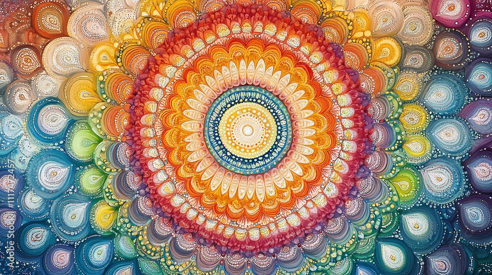 Poster A vibrant mandala design featuring intricate patterns and a colorful gradient.