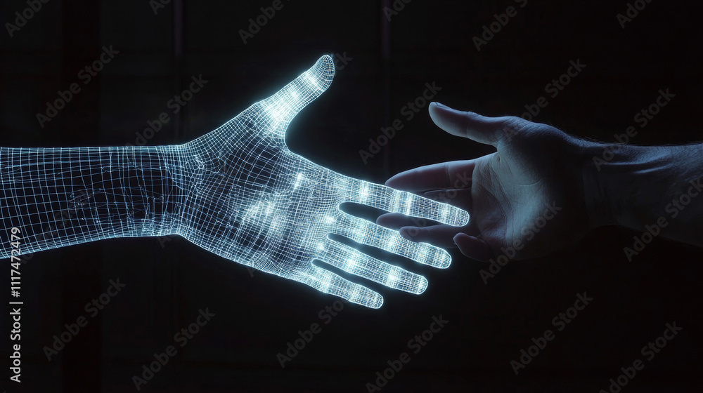 Poster wireframed robot hand and human hand touching digital graph interface on dark background 3d renderin