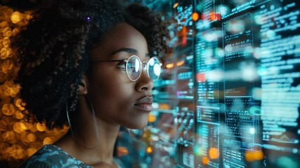 Black woman engages with interactive digital interface and virtual data - Powered by Adobe