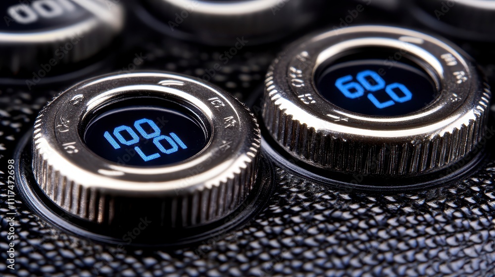 Poster close up of metal knobs with digital displays showing numbers and letters