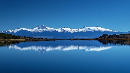 Panoramic view of snow-capped mountains reflected in a calm lake under a clear blue sky.