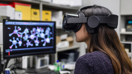 Virtual reality science research concept. HUD display work on project augmented reality. 3D atom particle physics data analysis digital device. Online medicine technology vector illustration