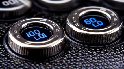 Close up of Metal Knobs with Digital Displays Showing Numbers and Letters