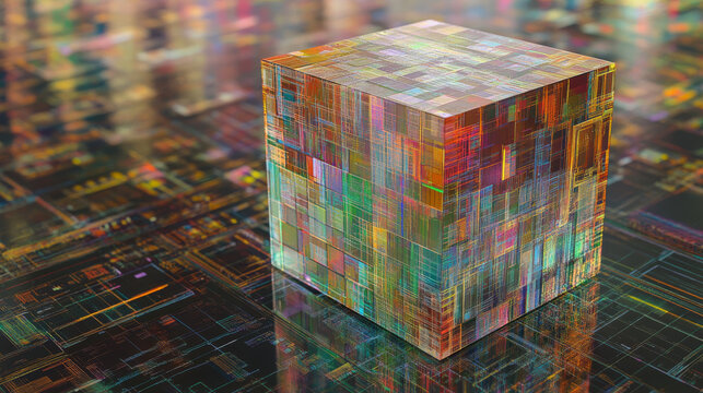 Hi-tech Square blocks are collected in a cubic array against the background of information fields. 3d illustration of blockchain abstract concept. Artificial intelligence learnability