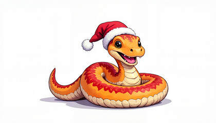 Cute cartoon illustration of playful  snake, 2025 symbol, in Santa hat on white background