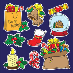 cute christmas elements cartoon sticker set of 9 candy gifts snow globe candle mistletoe stockings santa high quality vector in blue background isolated