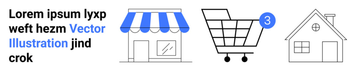 Storefront with blue awning, shopping cart with number 3 badge, house with chimney. Ideal for online shopping, e-commerce, retail, web design, home delivery, customer service, and marketing. Landing