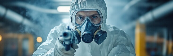 pest control professional in a protective suit spraying chemical mist indoors