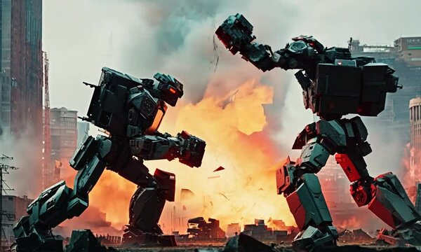 Epic robot battle in urban destruction scene with fiery explosions and futuristic machines in combat