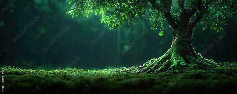 Aufkleber lush green tree with vibrant foliage illuminated by sunlight in a serene forest setting.