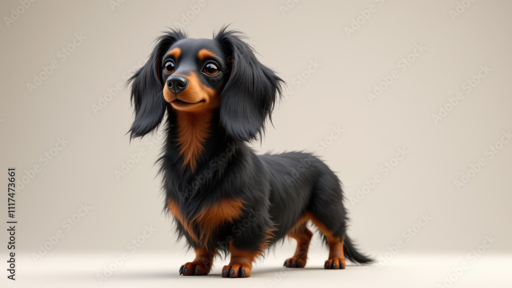 Poster a realistic digital rendering of a long-haired dachshund dog sitting on a surface with a neutral bac