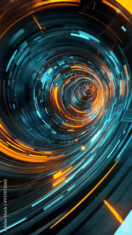 Poster swirling lights and patterns create a mesmerizing tunnel of vibrant colors in a digital landscape