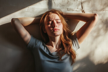 Fototapeta premium A medium shot of a female visibly uncomfortable, holding her stomach, experiencing menstrual cramps, reflecting a moment of discomfort and relief.