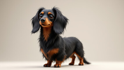 A realistic digital rendering of a long-haired dachshund dog sitting on a surface with a neutral background.