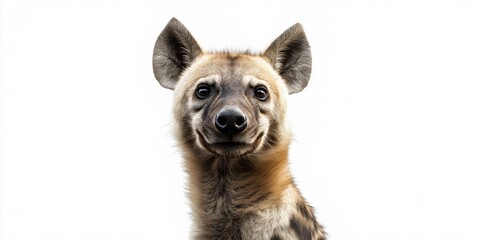 Studio photo of a hyena isolated against a white background. Wildlife and conservation concept, space for copy.