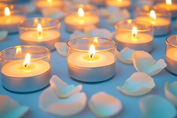 repeating pattern of lit candles and white rose petals scattered on plain background forming seamless design for holocaust