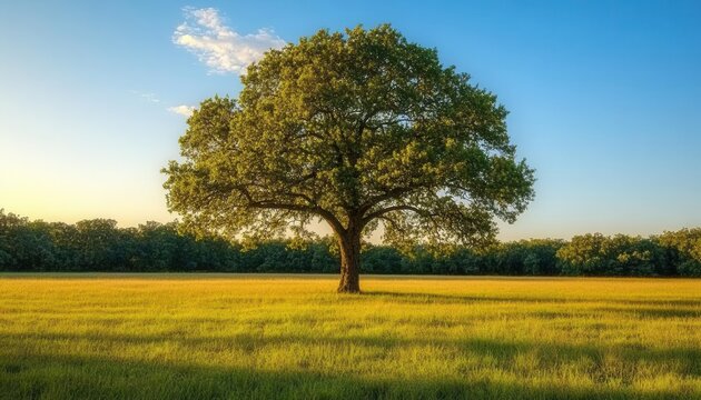 Spacious open field with a solitary oak tree, golden hour lighting adding warmth and tranquility to the scene