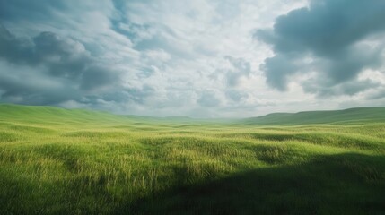 Obraz premium Rolling grassland under a dramatic sky, vivid greens and subtle textures capturing the essence of untouched wilderness