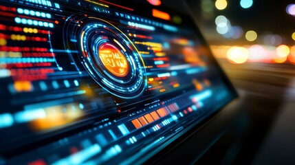 Obraz premium Futuristic Tech Interface Digital Data Display Night City Lights Background