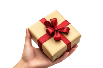 A hand is shown holding a gift box against a transparent background