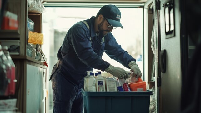 A worker sorts and organizes various containers inside a vehicle, emphasizing cleanliness and efficiency in waste management.