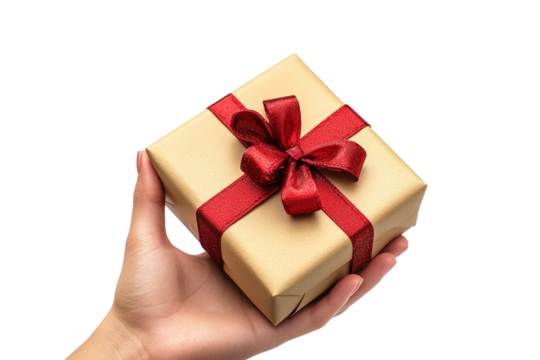 A hand is shown holding a gift box against a transparent background