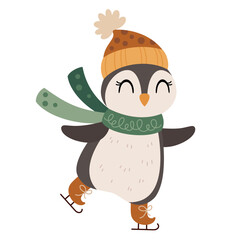 Winter penguin clipart. Animal clipart. Cute festive character. Hand draw vector illustration in flat style