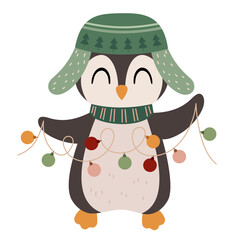 Christmas penguin clipart. Christmas animal clipart. Cute festive character. Hand draw vector illustration in flat style