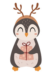 Christmas penguin clipart. Christmas animal clipart. Cute festive character. Hand draw vector illustration in flat style