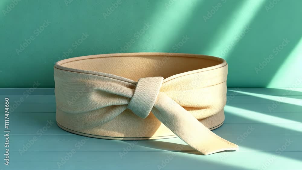 Poster decorative round fabric container with a bow on a teal background illuminated by soft sunlight