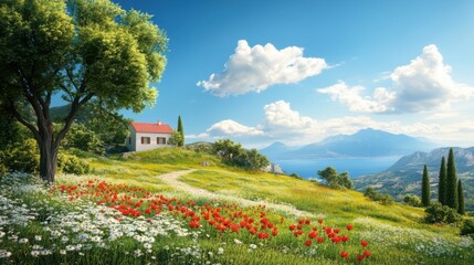 Serene rural landscape with a charming house, vibrant flowers, and scenic mountains under a clear blue sky
