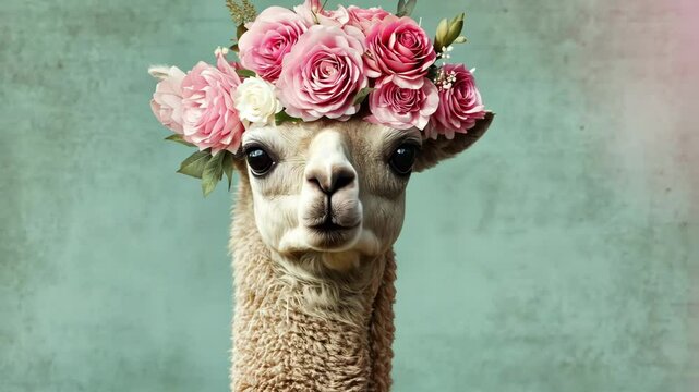 A gentle alpaca with a floral crown of pastel pink roses digital pic