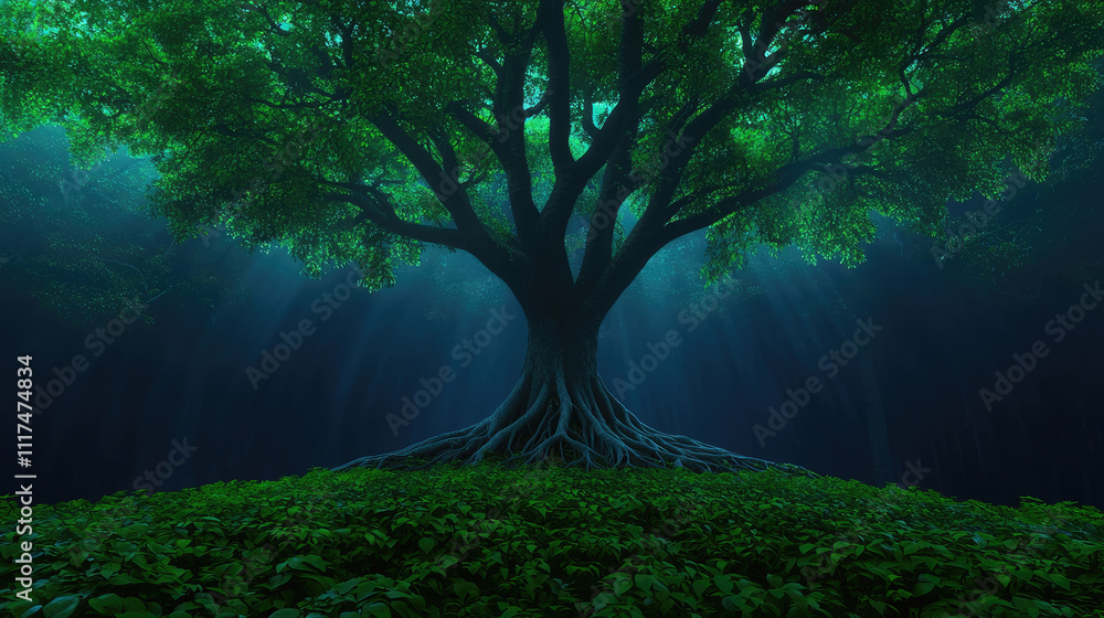 Poster majestic tree with lush canopy illuminated by soft, ethereal light in enchanted forest.