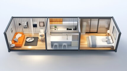 A minimalist shipping container home in 3D with modular layouts and sleek finishes