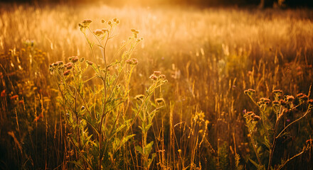 Golden Hour Field Background with Wildflowers
