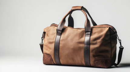Stylish brown leather and canvas duffel bag with dark straps, perfect for travel or weekend getaways, against a simple white background.