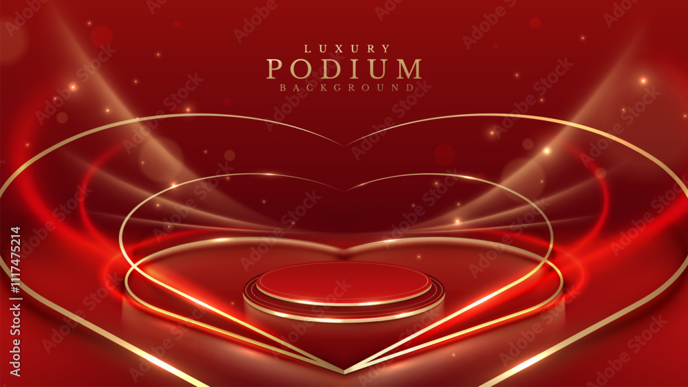 Wall mural empty red podium with gold heart-shaped frame decorated with glow and bokeh effect, elegant red back