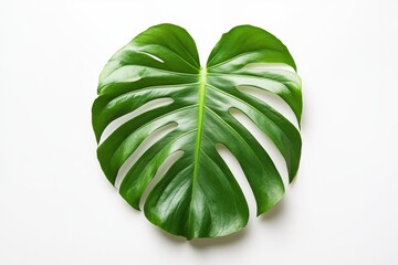 Fototapeta premium A large, vibrant green monstera leaf on a white background, showcasing its natural beauty.