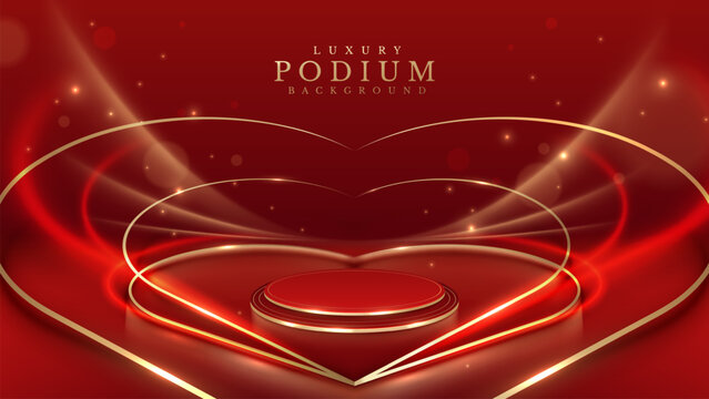 Empty red podium with gold heart-shaped frame decorated with glow and bokeh effect, elegant red background suitable for Valentine's Day product promotion template.